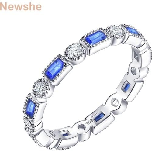 Newshe Blue Emerald Eternity Rings Solid 925 Sterling Silver Wedding Engagement Band For Women Jewelry Gift Size 5-10