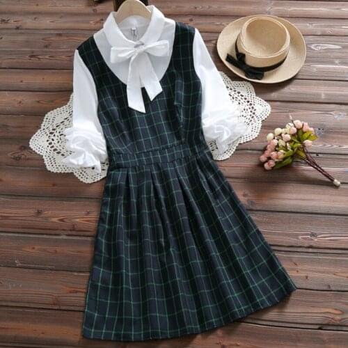 Spring Autumn Mori Girl Seeet Plaid Dress Women New Arrival Preppy Style Long Sleeve Fake Two Pieces Female Pleated Dress K163