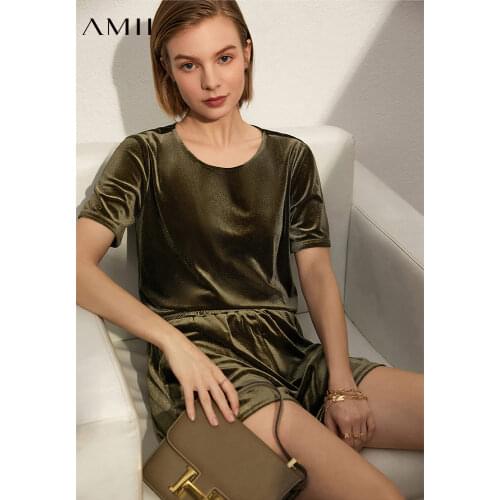 Amii Minimalism Spring Summer Fashion 2pcs Set Causal Velvet Oneck Loose Tshirt Tops Causal Solid Elastic Waist Shorts 12140051