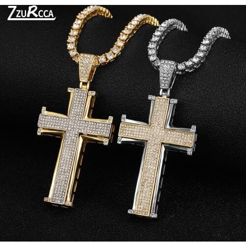 Fashion Large Cz Crystal Cross Men Necklace Gold Color Cuban Link Chain Pendant Necklaces for Women Hip Hop Jewelry Accessory