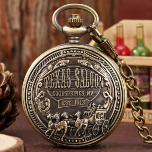 Texas Saloon Goodsprings,nv Pattern Retro Bronze Pocket Watch White Quartz Dial Vintage Back Cover Slim Chain Pendant Lady Men