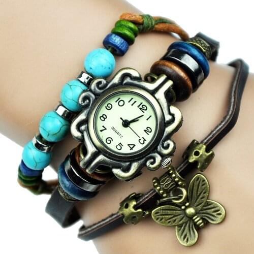 NEW Butterfly charm women watch Turquoise Genuine Leather Bracelet Watch Women vintage Lady Indian Retro wristwatch
