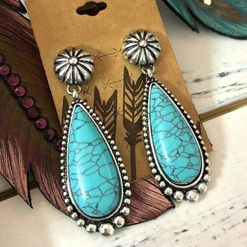 Ethnic Bohemian Women Teardrop Black Vein Turquoises Earring Antique Silver Color Chandelier Filigree Dangle Earrings O3D278
