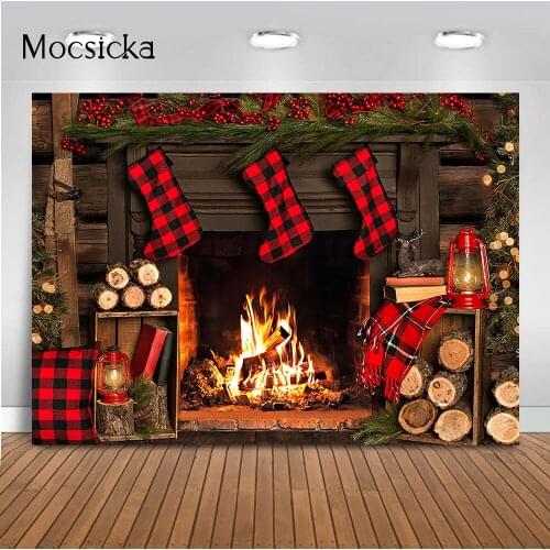 Fireplace Backdrop for photography studio Red sock Rustic Wood Background for photo booth studio Christmas photocall