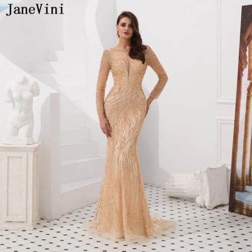 JaneVini 2019 Dubai Fashion Mermaid Shiny Gold Evening Dresses O Neck Full Beaded Luxury Long Sleeves Tulle Dress Robe De Soiree
