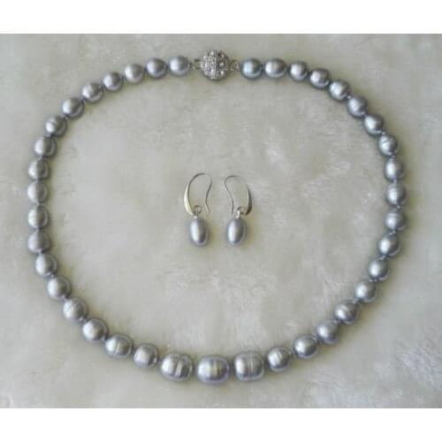 Genuine Pearl Necklace Earrings Jewellery Set,AA 9-11MM Gray Color Real Freshwater Pearl Jewelry,Rhinestone Magnet Clasp