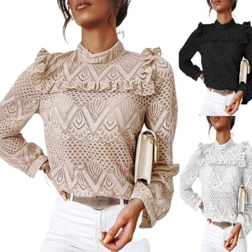 Lace Shirt Women 2020 Fall Elegant Fashion Long-Sleeved Top Fall Elastic Party Round Neck Warm Floral Ruffle Shoulder Clothes