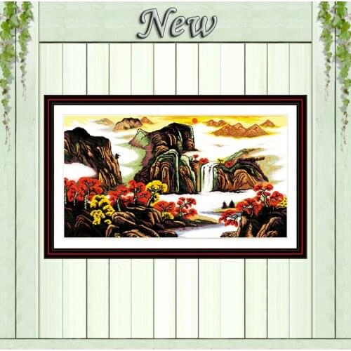 Mountain and river sun Scenery mascot painting Counted print on canvas DMC 14CT 11CT Cross Stitch Needlework kits Embroider Sets