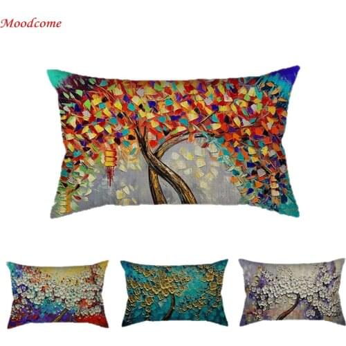 Colorful Flower Tree Oil Painting Rectangle Sofa Throw Pillow Cover Blossom Cotton Linen Car Waist Lumbar Pillow Cushion Cover