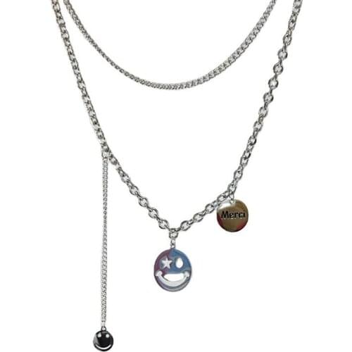 Stainless Steel Funny Face S-Mile Pendant Necklace Disc Merci Tag Fashion Trend Hip Hop Necklaces Gift For Him