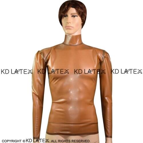 Transparent Brown Sexy Latex Blouse Zipper At Back Puff Long Sleeves High Collar Rubber Shirts Top YF-0081