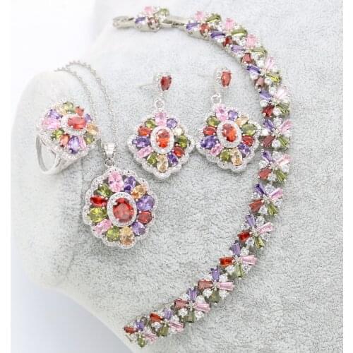 Luxury Jewelry Earrings XUTAAYI Silver Wedding Jewelry Sets For Women Multicolor Bracelet Rings Bridal Pendant Necklace Set