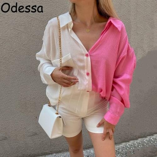 Odessa 2021 Winter Fal Fashion Casual Loose Shirt Collar Long Sleeve Za Button Up White Patchwork Oversize Women Tops and Bloues