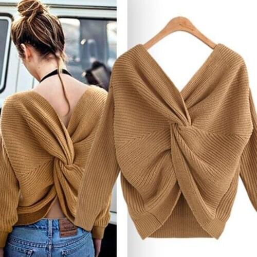 Women Batwing Long Sleeve Sweater Sexy V-Neck Criss Cross Twisted Back Knit Tops