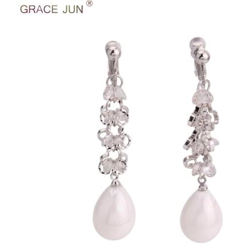 GRACE JUN 8 Colors Choose Opal Simulated Pearl CZ Clip on Earrings No Pierced for Women Party Prom Fashion Pierced Earrings Gift