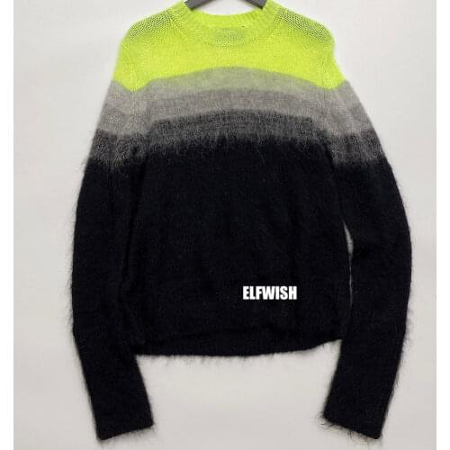 Woman Fluorescent green Grey Black Gradient Wool Mohair Sweaters Round Neck Long Sleeves Jumper Fashion Knits 2022FW