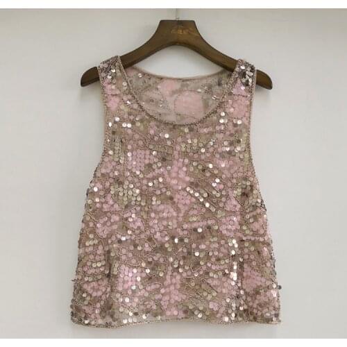 Pink Embellished Sequin Evening Top Ladies Vintage Beaded Mesh Top Summer Casual Sleeveless Paisley Tank Top with Appliques