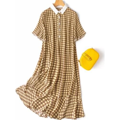 Womens 100% Mulberry Silk Crepe Silk Yellow Floral Printed Collared neck Short Sleeve Long Dress L XL M130