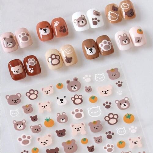 1Pc Cartoon Animal Pattern Nail Sticker Cute Bear Rabbit Elements 3D Nail Slider Decals Colorful Star Flowers Manicure Wraps