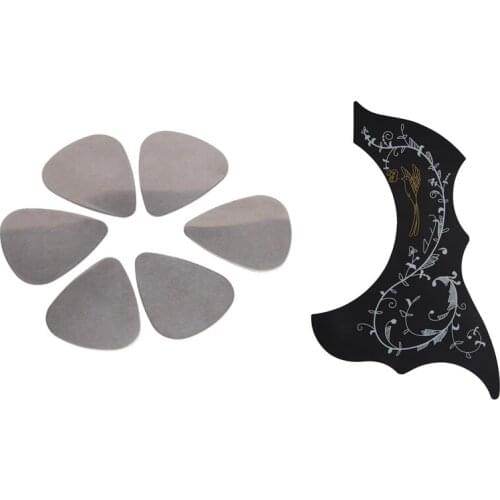 6 Pcs Stainless Steel Guitar Picks - Silver & 1 Pcs Pickguard-Acoustic-Acoustic Guitar Pickguard, Self Adhesive, Black