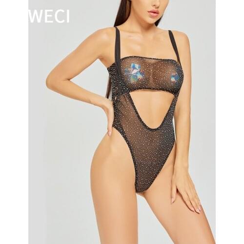 WECI Sexy Metallic Teddies Bodysuit Women Diamond Bra And Camisole With Rhinestones Sparkles Nylon Shiny Beautiful Underwear Set