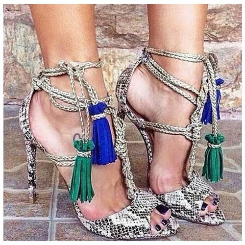 Summer Hot Python Leather Women Peep Toe Sandals Blue/Green Fringe Ladies Lace Up High Heels Rope Straps Female Sexy Stiletto
