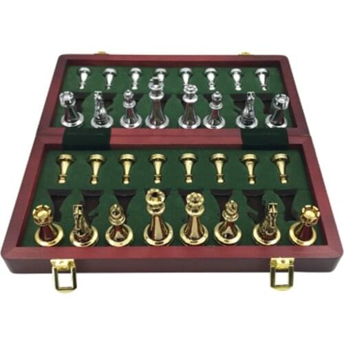 Easytoday Metal Glossy Golden and Silver Chess Pieces Solid Wooden Folding Chess Board High Grade Professional Chess Games Set