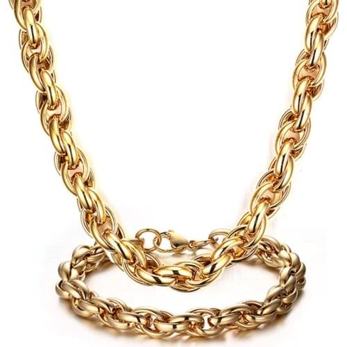 Mens High Quality Gold Color Stainless Steel 9mm Thick Rope Chain link Bracelet Necklace Jewelry Set 18"-30"