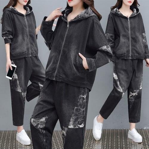 2021 Spring autumn new Korean version large size hooded printing stitching casual fashion suit female cowboy two-piece trends122