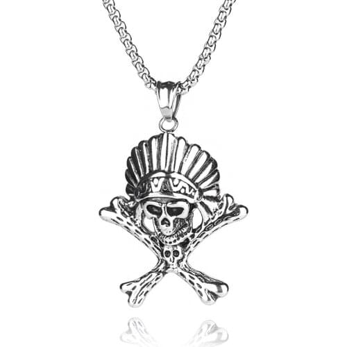 Square pearl chains Skull cross Pendant necklace stainless steel Fashion Tribal chief jewelry Gothic punk necklaces for men