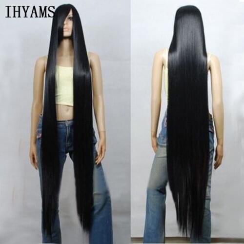 Enma Ai 60cm -200cm Black Long Straight Synthetic Full Bangs Hair Cosplay Wigs For Party Halloween Costume Wigs + Wig Cap