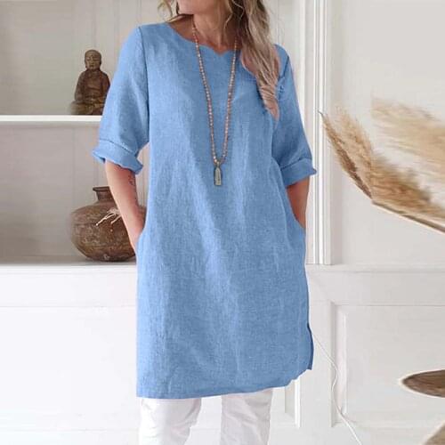 Womens Dress Solid Color Casual Summer Loose Round Neck Pocket Short-Sleeve Hedging Pocket T-Shirt Dress Comfortable Cool