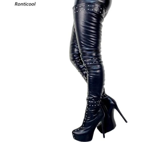 Ronticool Handmade Winter Women Crotch Boots Side Zipper Stiletto Heels Round Toe Sexy Black Night Club Shoes Women Us Size 5-20