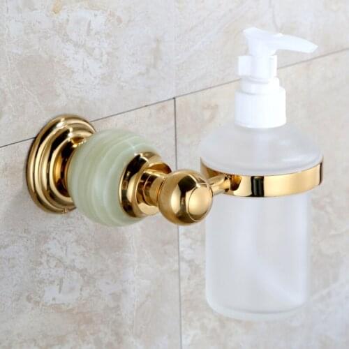 Luxury brass jade Wall Mounted Liquid Soap Dispenser With Gold Finish+Frosted Glass Container/bottle Bathroom products