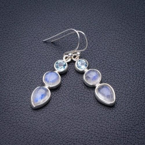StarGems Natural Rainbow Moonstone And Blue Topaz Handmade 925 Sterling Silver Earrings 1.75" E0880