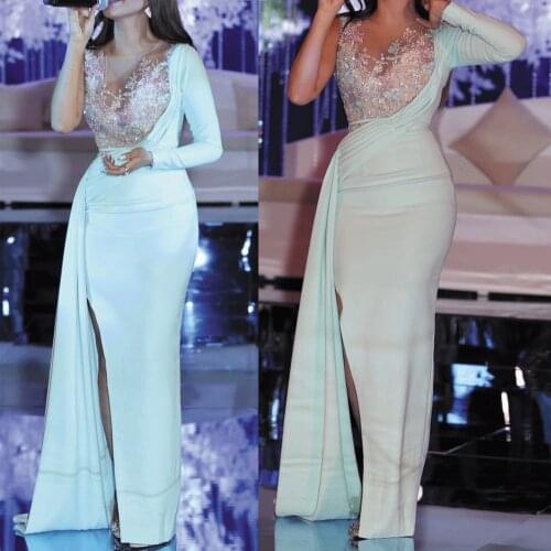 SuperKimJo Mint Green Evening Dresses Long Vestidos De Fiesta De Noche Lace Applique Beaded Mermaid Elegant Evening Gown