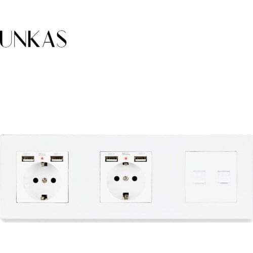 UNKAS Plastic Panel Double EU Standard Socket + 4 USB Charging Port Computer Connector With Internet Computer Data RJ45 CAT5E