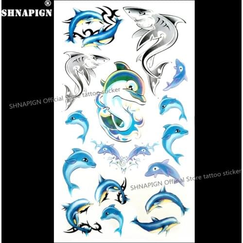 SHNAPIGN Blue dolphins Temporary Tattoo Body Art Arm Flash Tattoo Stickers 17*10cm Waterproof Fake Henna Painless Tattoo Sticker