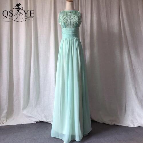 QSYYE Broken Size Green Mint Prom Dresses Long Chiffon Evening Dress Beading Top Ruched Wide Waist V Back Bow Knot Party Gown