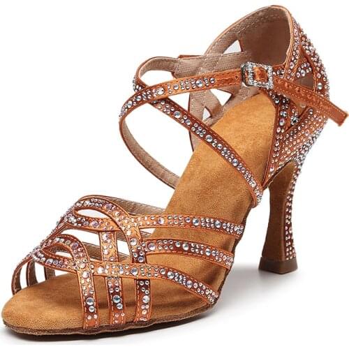 Woman Silk Latin Ballroom Dance Shoes for Girls Rhinestone Bachata Salsa Dancing Shoes for Laides Soft Bottom Latino Shoes Kids