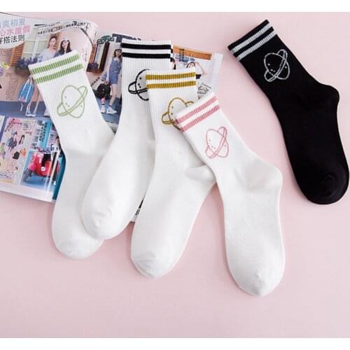 2021 New Trend Cartoon Star Planet Print Socks For Women Casual Cotton Stripe Harajuku Style Fashion Sports Womens Socks