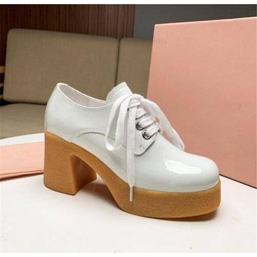 2021Women Patent Leather Pumps Platform Round Toe Square Heel Mixed Colors Black Fashion Breathable Shallow Autumn Oxfords Shoes