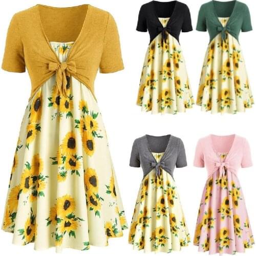 Women Sunflower Print Dress Suits Summer Elegant Spaghetti Strap Dresses + Bandage Blouse Female Fashion Plus Size Midi Dress