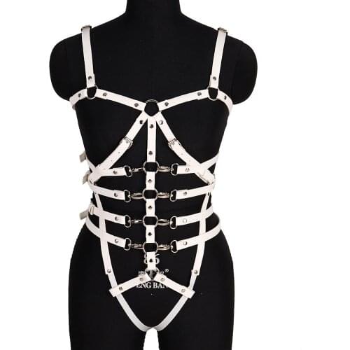 White Leather Full Body Harness Bra Cage Waist Top Pole Party Dance Rave Strap Bondage Garter Belt Adjust Sexy Lingerie Punk