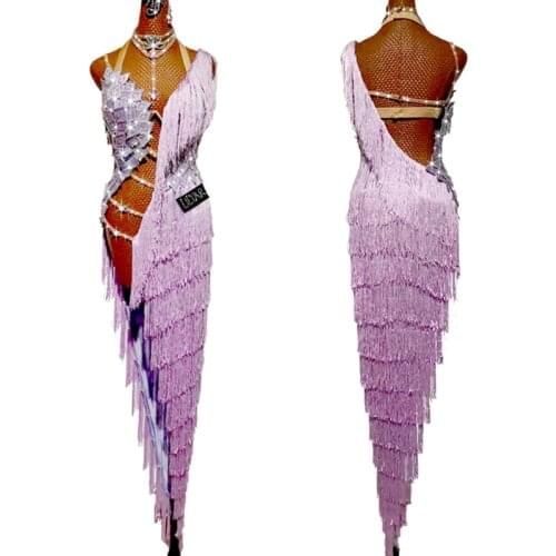 Sparkly Latin Dance Competition Dress Women High End Light Purple Fringe Long Dance Dress Prom Samba Rumba Stage Costume BL6752