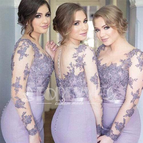 Romantic Long Sleeve Lilac Mermaid Bridesmaid Dresses Vestido Para Madrinha 2019 Sheer Lace Appliques Formal Dress Abendkleider