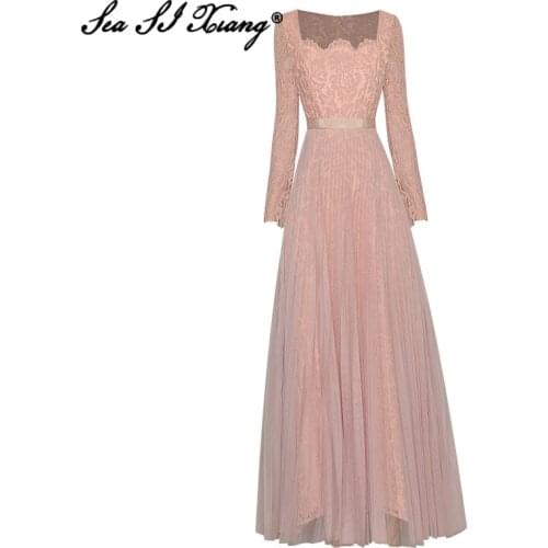 Seasixiang Fashion Designer Early Autumn Dress Women Square Collar Lace Long Sleeve Hollow Out Mesh Pleated Party Long Dresses