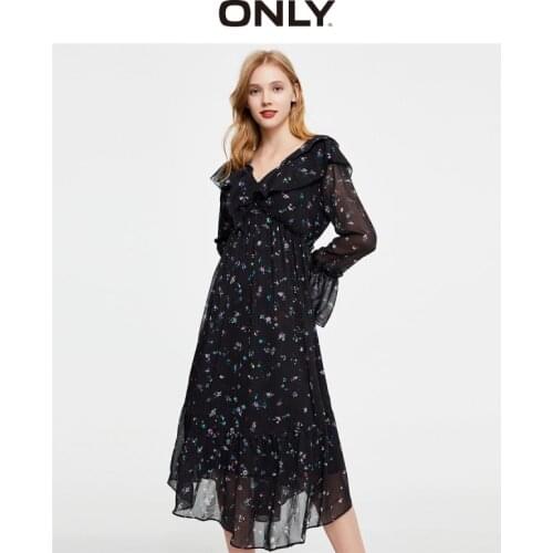 ONLY summer irregular temperament v-neck print design long-sleeved chiffon dress female | 120107625