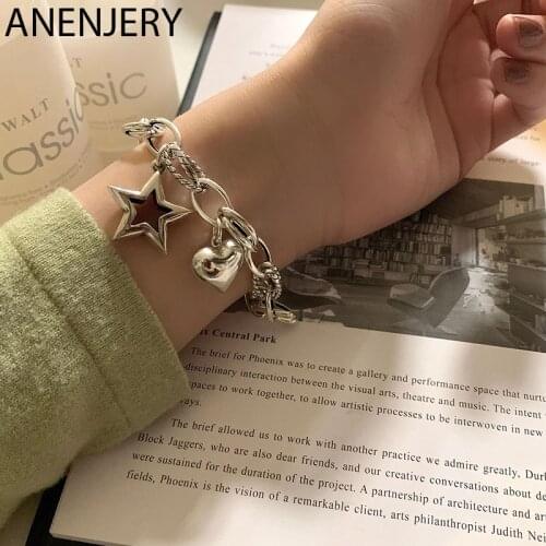 ANENJERY 925 Sterling Silver Love Heart Star Bracelet Retro Thick Chain hip hop Personality Hand Accessories