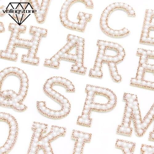 1Pcs Pearl Letter Patches Champagne Rhinestone Patches Letter Sew On Patch For Clothes 3D Beads Applique For Shoes Bags Garment